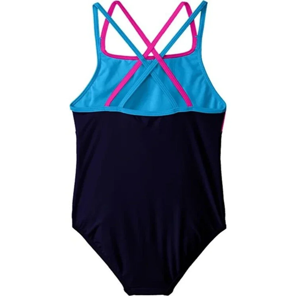 Speedo Girl's Swimsuit One Piece Solid Cross Back Multi‎ Straps, Size 14
